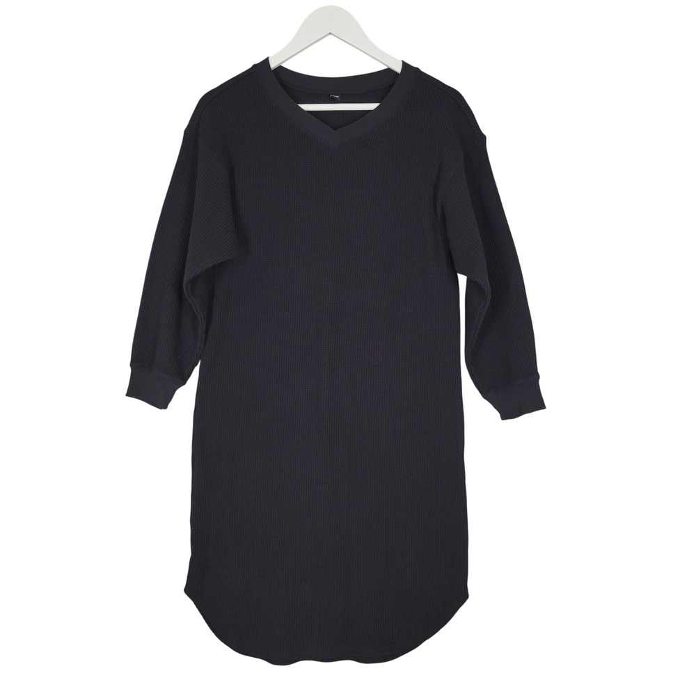 Uniqlo Waffle Knit Dress Womens Small Black V-Neck Long Sleeve Midi 422510
